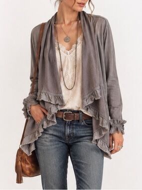 BACCINI Boho Open Front Cardigan Jacket Ruffle Trim Lagenlook Taupe Gray Medium